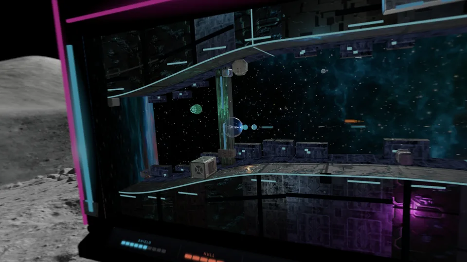 The cabinet's neon edge in the foreground, corridor terrain receding inside, the room still visible past the glass