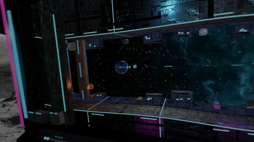 A busy lane: turret fire, drifting mines, and a shielded orb between the ship and the far wall