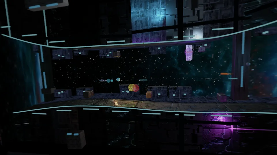 A long corridor of the fortress stretching away into starlight, enemies drifting between gun emplacements