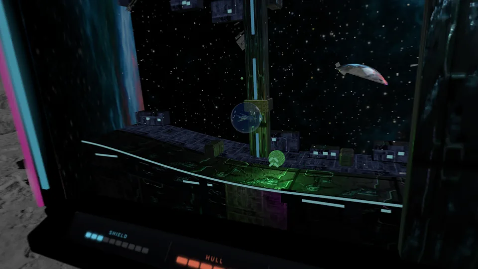 Power-up orbs hanging in the lane ahead of the ship, shield and hull meters along the cabinet's base