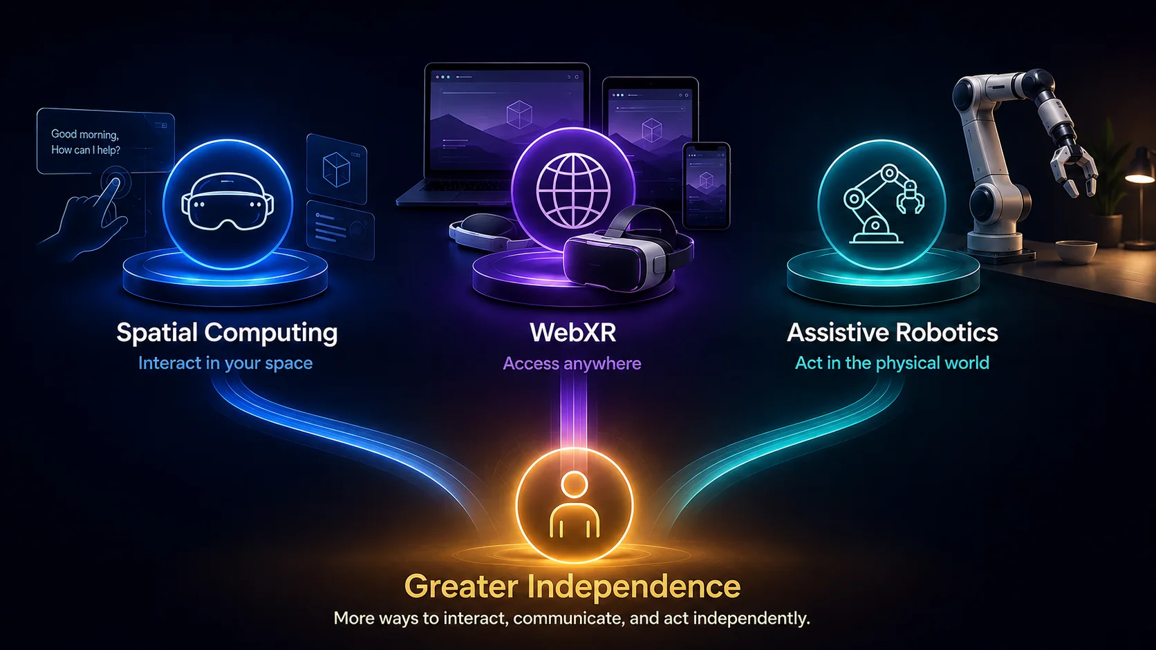 Three technologies — spatial computing, WebXR, and assistive robotics — each flowing toward greater independence: more ways to interact, communicate, and act independently.