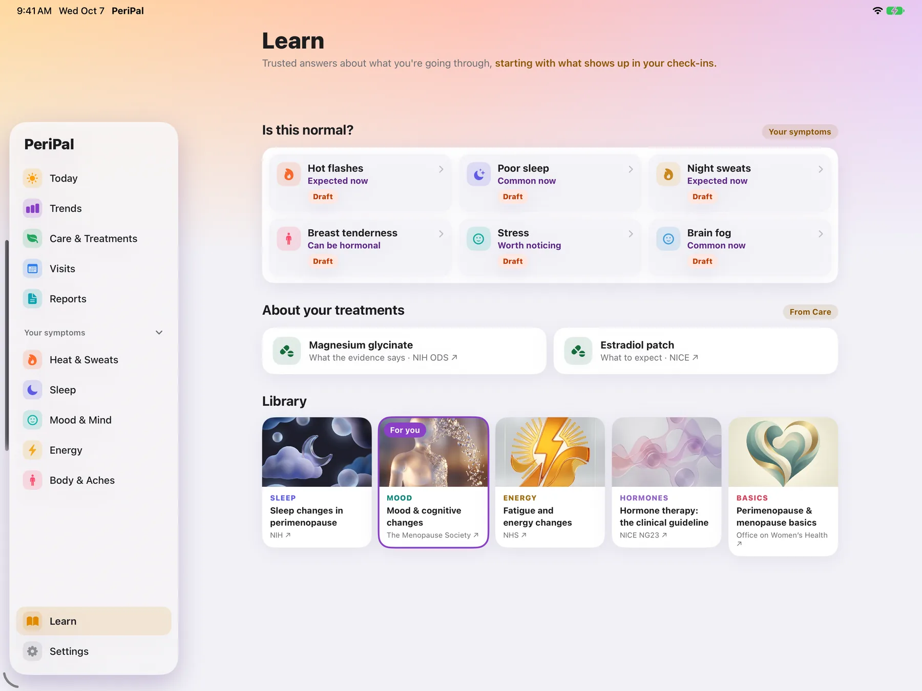 PeriPal Learn on a landscape iPad: Is this normal cards, About your treatments, and a Library of guides on sleep, mood, energy, hormones and the basics