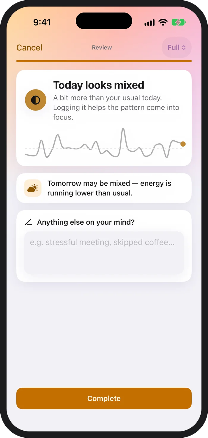 The reading after a PeriPal check-in on iPhone: Today looks mixed, a 30-day line, and Tomorrow may be mixed, energy is running lower than usual