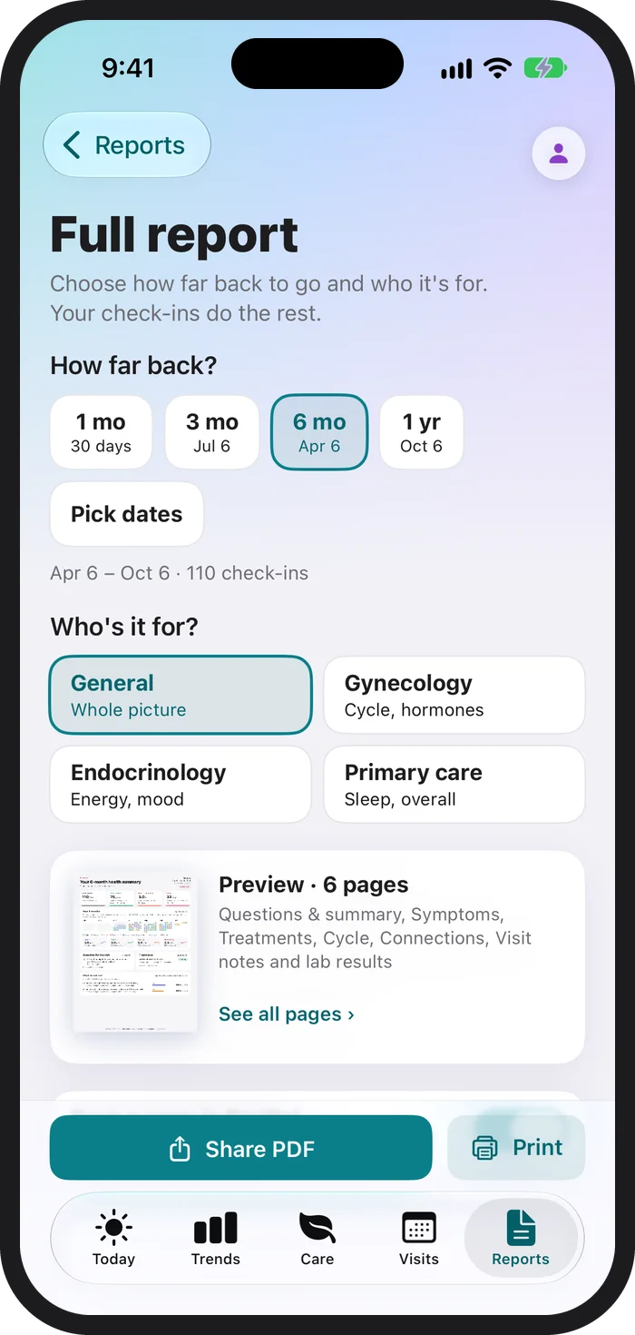 The Full report screen on iPhone: how far back with six months selected, who it is for with General selected, and a six-page preview card
