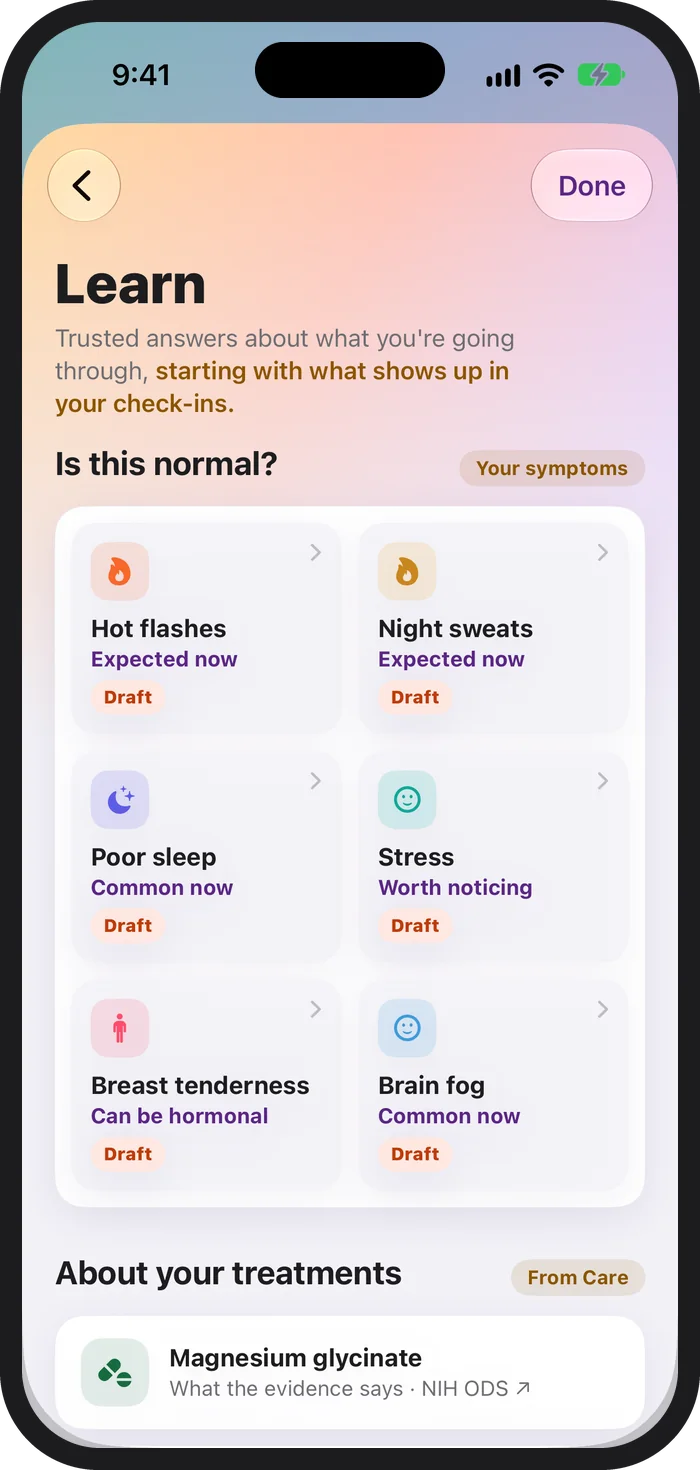 PeriPal Learn on iPhone: Is this normal cards for Hot flashes, Night sweats, Poor sleep, Stress, Breast tenderness and Brain fog, and About your treatments
