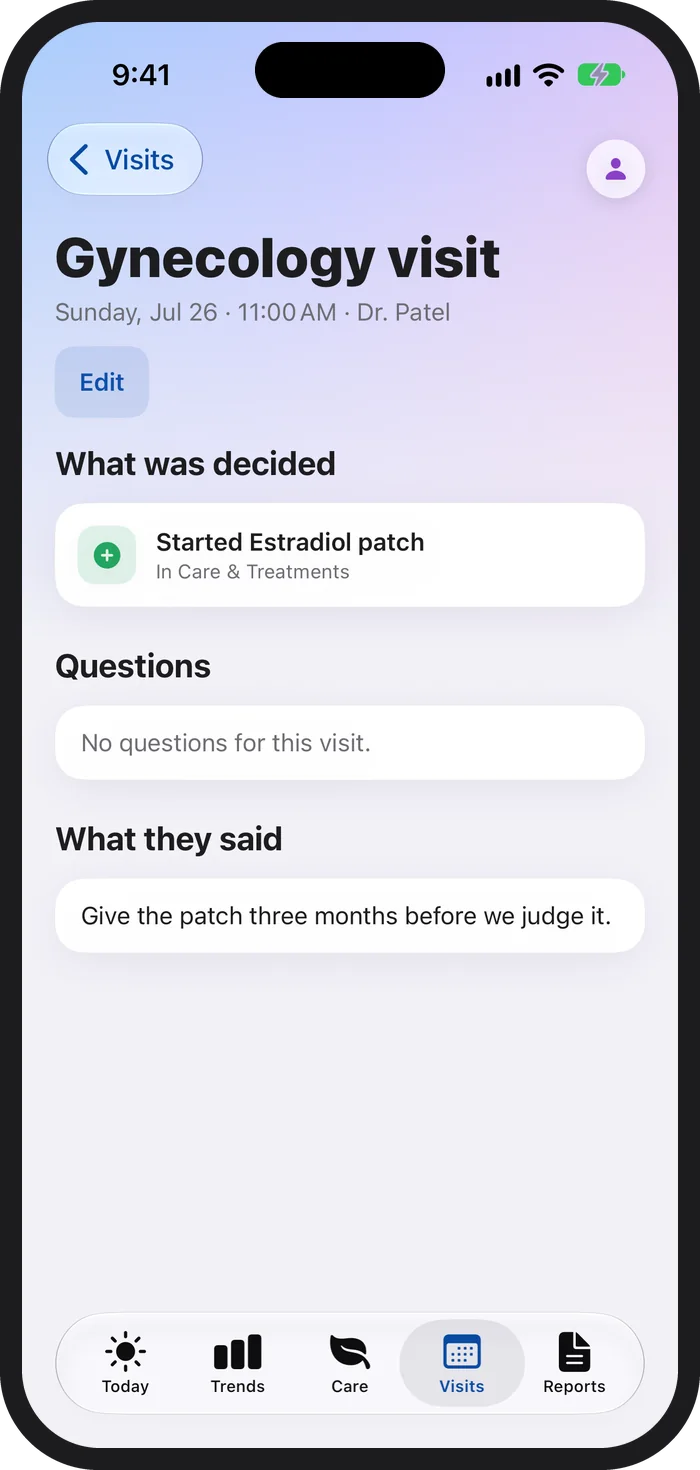 A past gynecology visit opened in PeriPal on iPhone: what was decided, Started Estradiol patch, and what they said, give the patch three months before we judge it