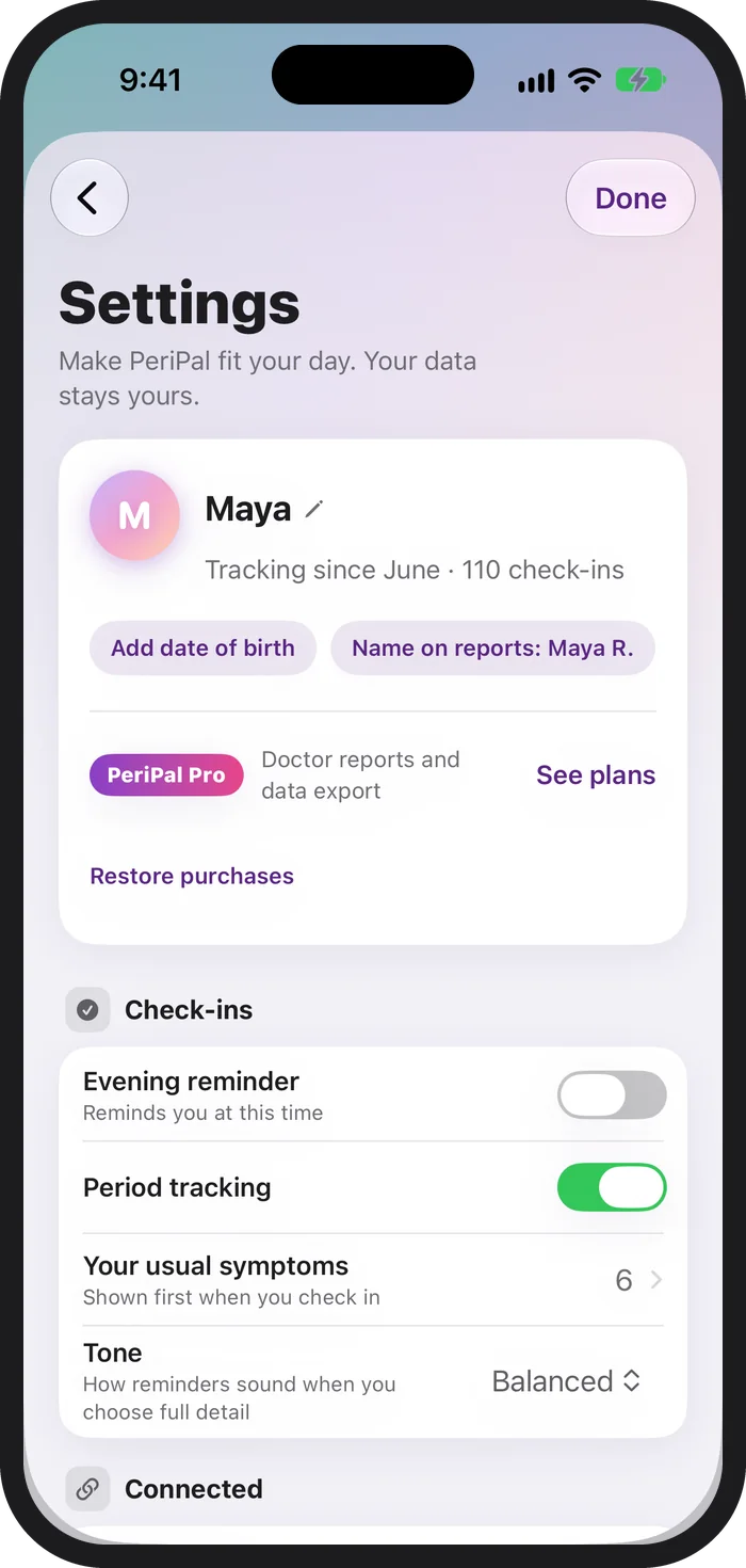 PeriPal Settings on iPhone: a profile card for Maya tracking since June with 110 check-ins, PeriPal Pro, and the Check-ins group with evening reminder, period tracking, your usual symptoms and tone