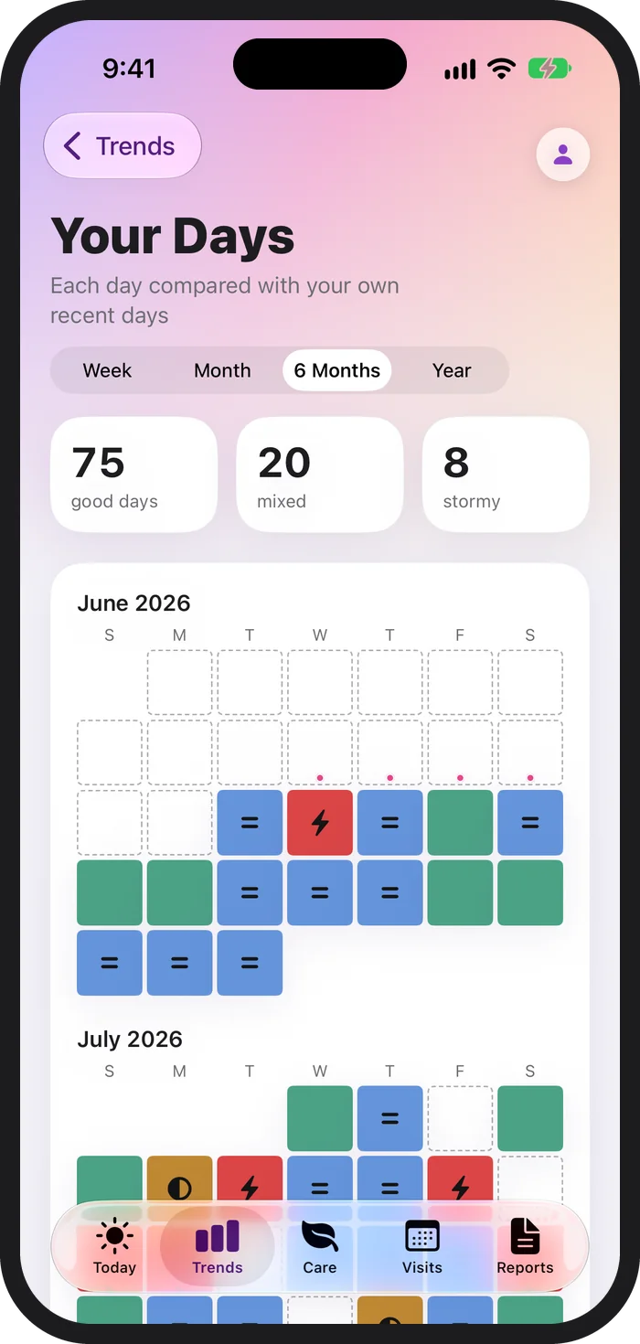 PeriPal Your Days on iPhone in the six-month view: 75 good days, 20 mixed, 8 stormy, with June and July 2026 as color calendars