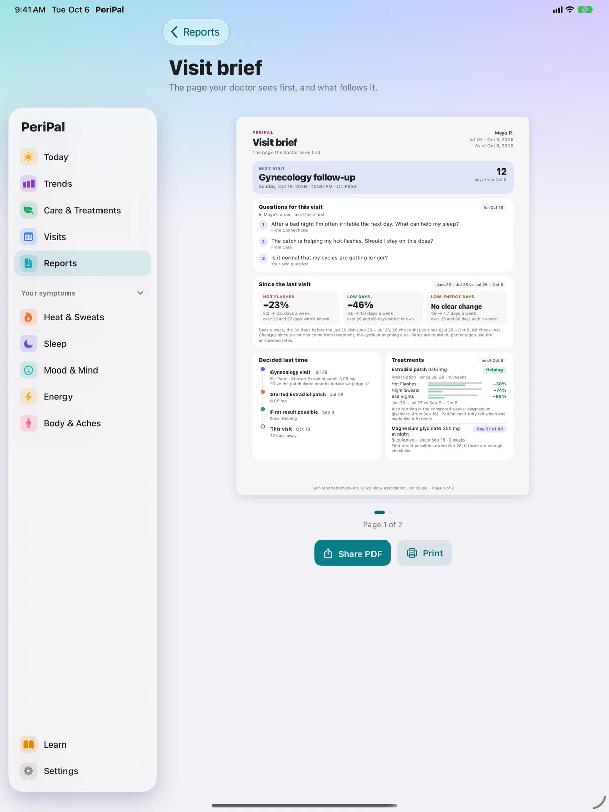 The visit brief preview on iPad, page 1 of 2, the page your doctor sees first