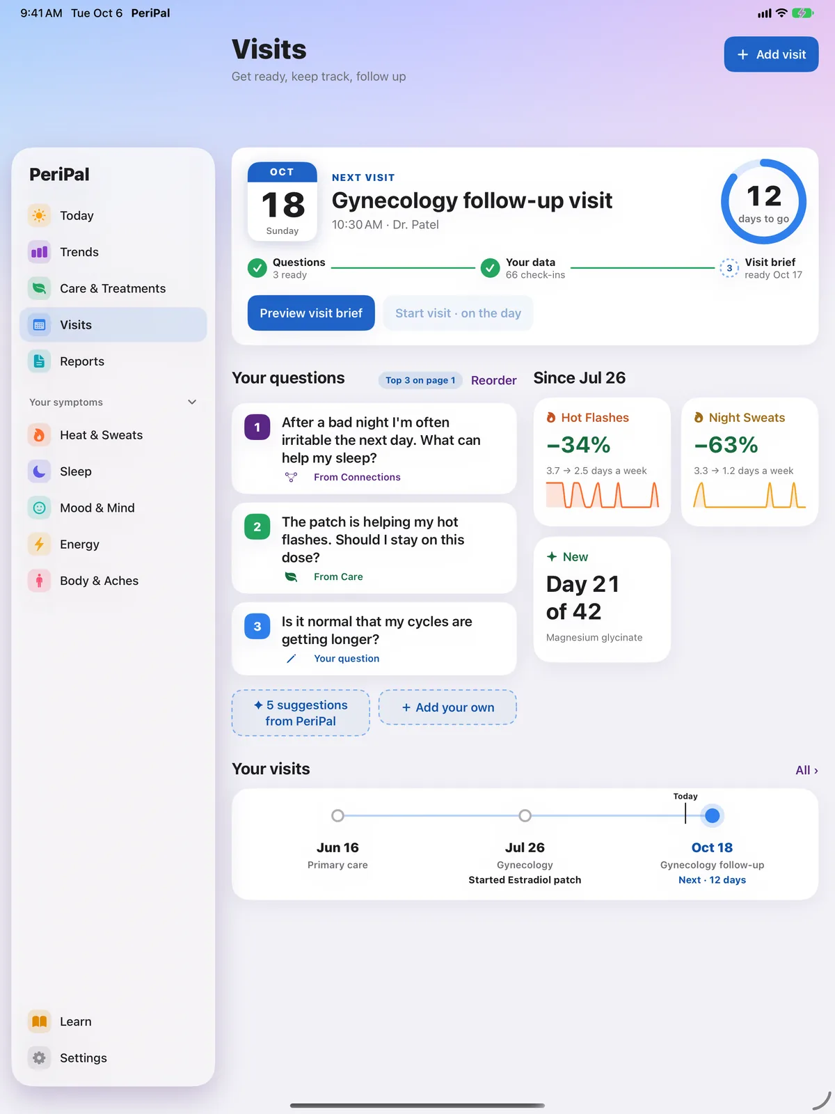 PeriPal Visits on iPad: the next visit with its progress, your questions, what has changed since July 26, and a timeline of visits side by side