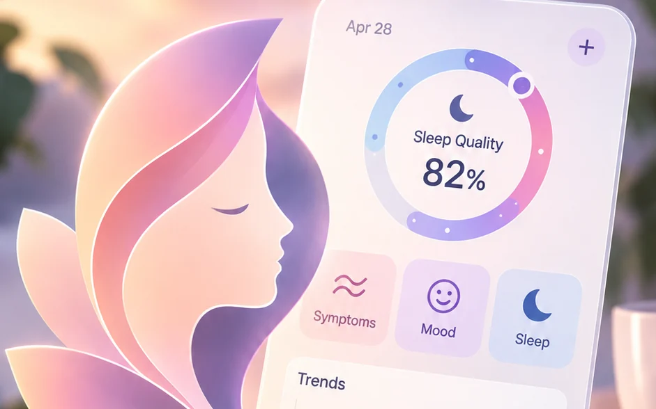 The PeriPal logo, a woman in profile made of soft petals, beside a sleep quality ring and symptom, mood and sleep tiles