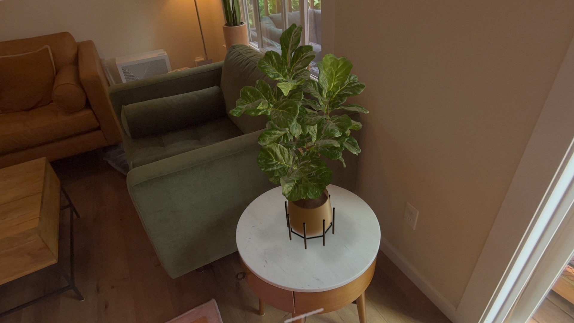 A fiddle leaf fig placed on a real side table