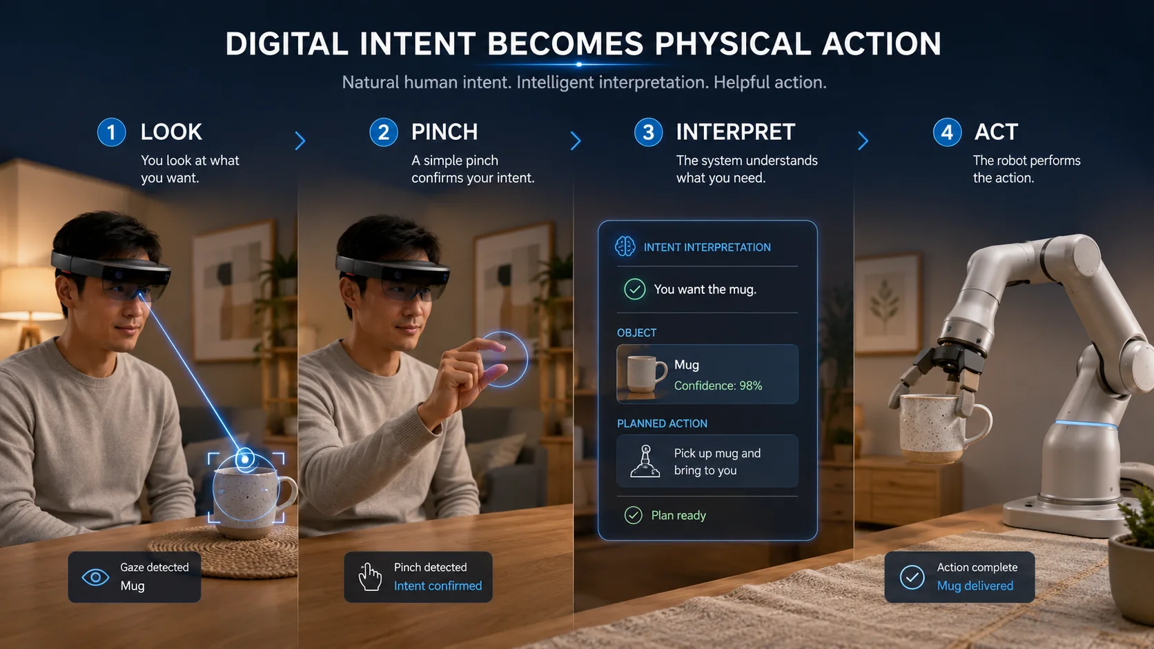 Four steps: you look at the mug and your gaze is detected; a pinch confirms your intent; the system interprets that you want the mug and plans to bring it to you; a robotic arm picks it up and delivers it.