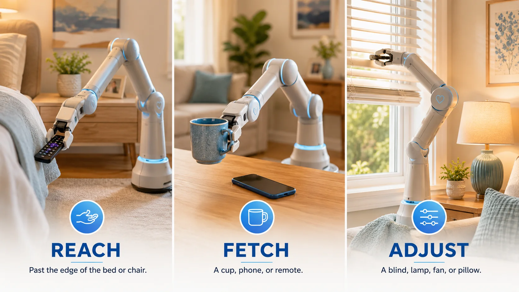 Three home scenes: a robotic arm lifting a remote from a bed, bringing a mug across a table, and tilting a window blind. Labelled Reach, Fetch, and Adjust.