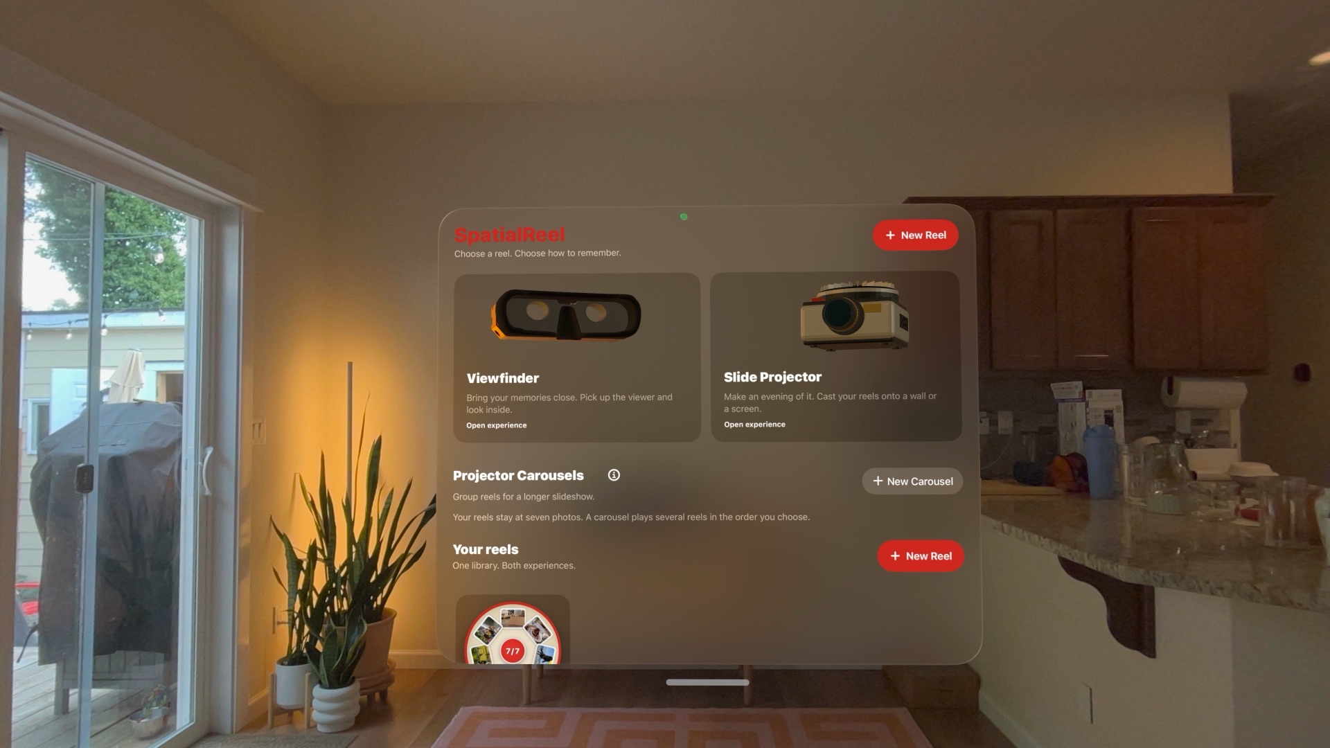 Spatial Reel main menu showing Viewfinder and Slide Projector experiences on Apple Vision Pro