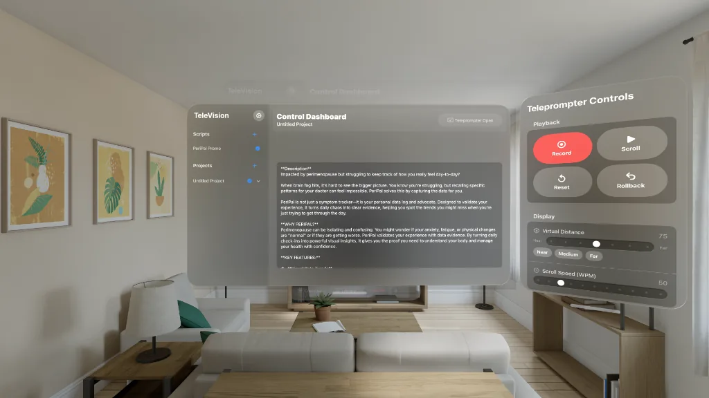 A TeleVisionPrompter script floating in the user's view