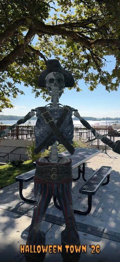 The Cursed Pirate in an AR photo beside the St. Helens waterfront.