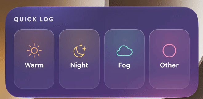 The PeriPal Quick log widget up close: Warm tapped three times shows one, two, then three dots; Night twice; Fog once