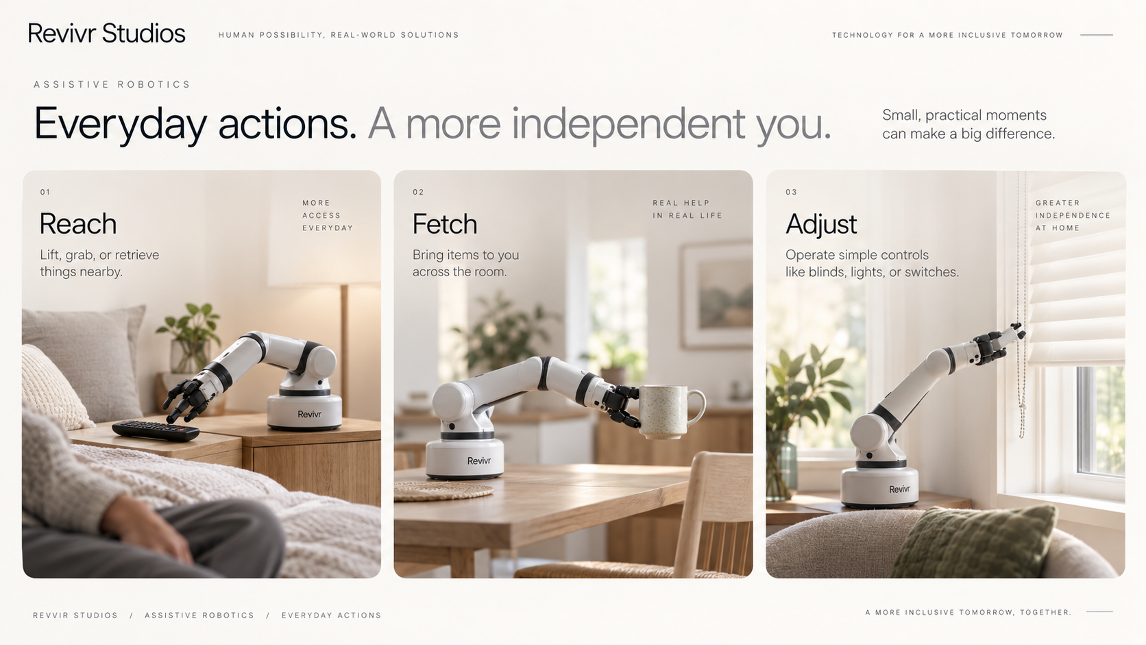Three assistive robotics concepts: reach for a remote, fetch a mug, and adjust a window blind.