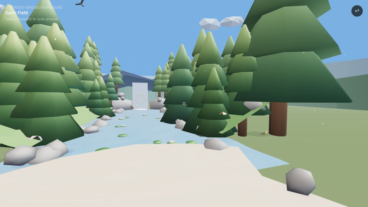 Screenshot of the updated Open Space: a forest pond with lily pads, rocks, and a waterfall