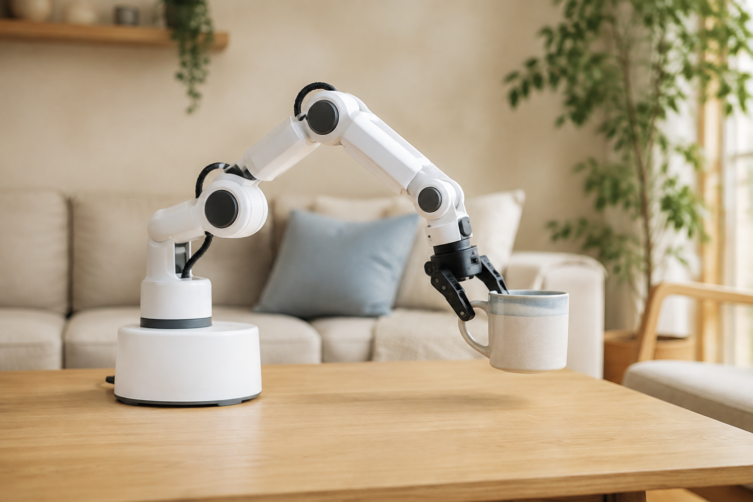 Concept image of a white assistive robotic arm lifting a ceramic mug in a bright home